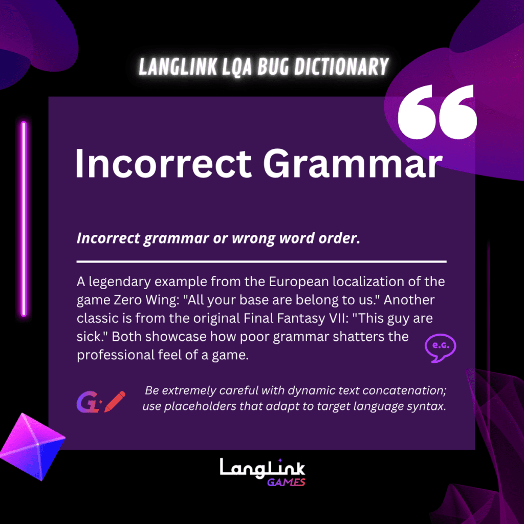 LangLink LQA Bug Dictionary Incorrect Grammar